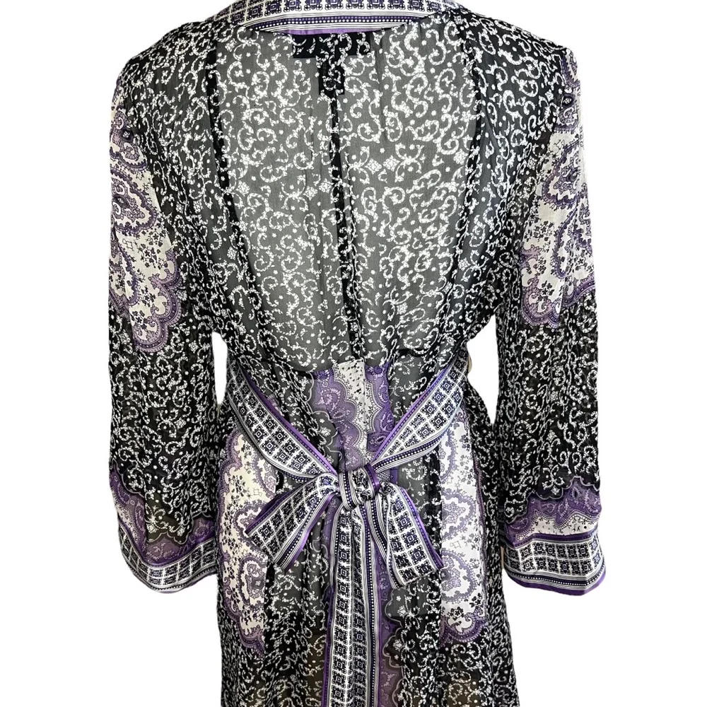INC International Concepts  VNeck Long Sleeve Black Purple Sheer Silk Dress * 10 - Picture 4 of 15